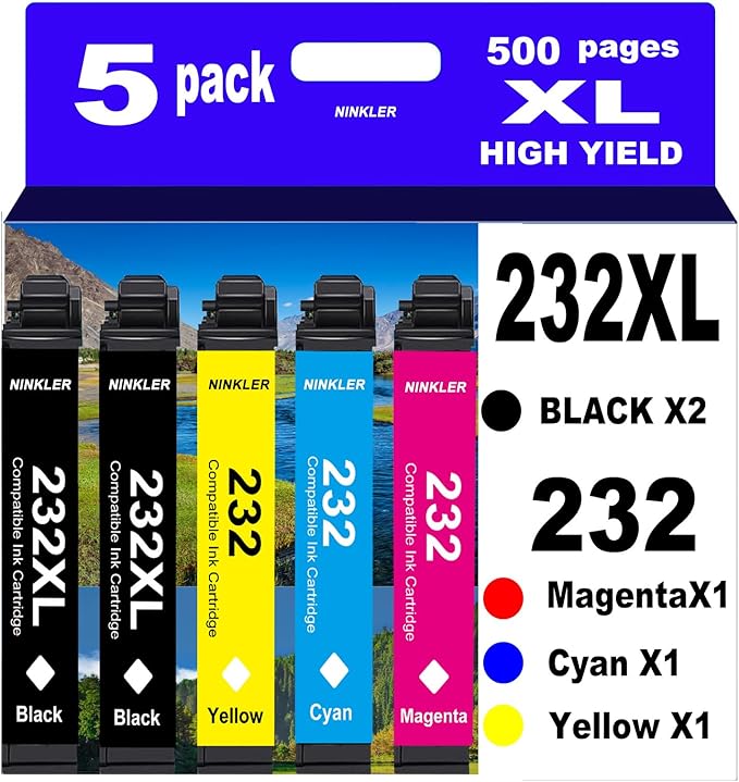 232XL Remanufactured for Epson 232XL Ink Cartridges Combo Pack 232 T232XL for XP-4200 XP-4205 Workforce WF-2930 WF-2950 Printer 5 Pack 2 Black 1 Cyan 1 Magenta 1 Yellow