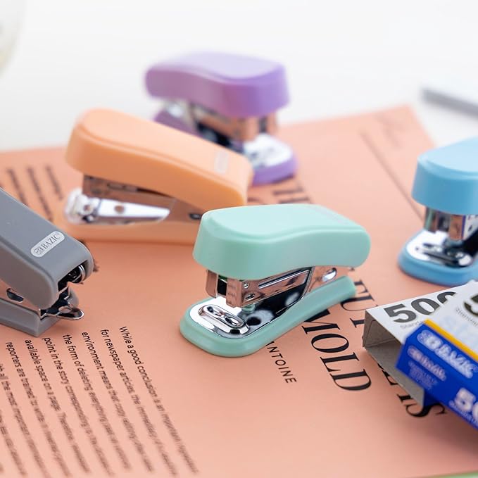 BAZIC Mini Stapler w/ 500 Staples, Standard (26/6) Pastel Color, Built-in Staple Remover, Portable Small Staplers, 4-Pack
