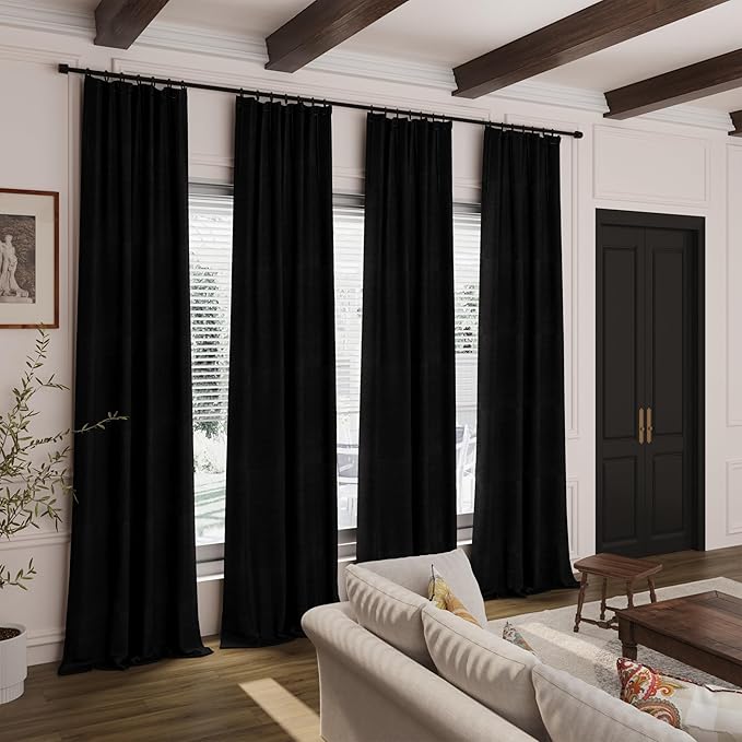 Black Linen Blackout Curtains 120 Inch Length 2 Panels Set Burg Extra Long 10 Ft Back Tab Pocket Drapes Cotton Textured Thermal Insulated Total Blocking Curtains for Dining Room Cottage High Window