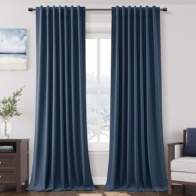 Denim Blue 108 Inches Long 2 Panel Set Linen Blackout Curtains Back Tab Pocket Cotton Texture Room Darkening Thermal Insulated Sound Proof Curtains for Bedroom Cottage High Windows 52x108