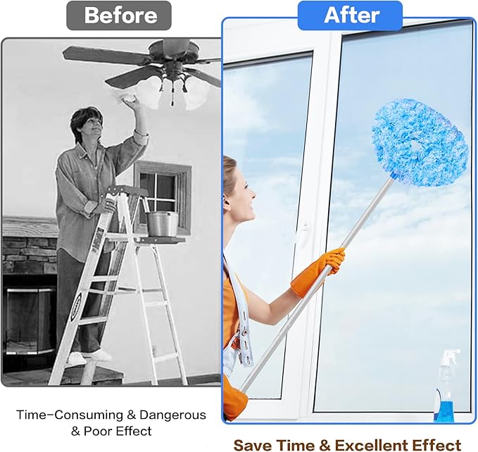 Heonay Ceiling Fan Cleaner Duster Reusable Microfiber Ceiling Fan Blade Cleaner Removable Duster with Extension Pole Adjusts 13 to 49.7 Inch for Cleaning Walls Furniture Door Window Top (Blue White)