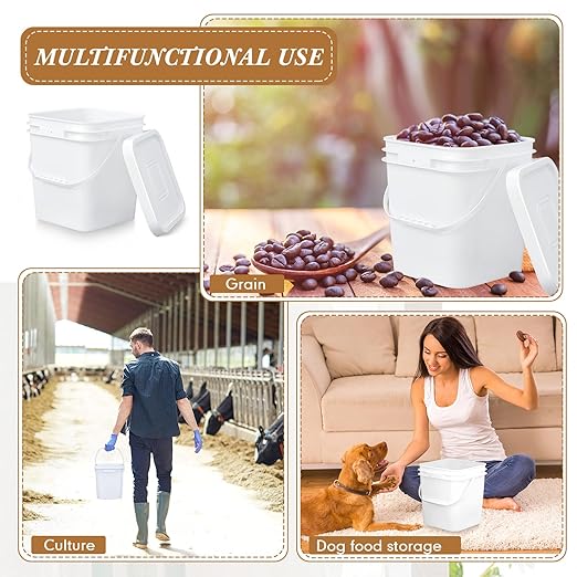 Mumufy 3 Pcs 3.5 Gallon Square Food Grade Bucket with Lid Square Bucket Pail with Plastic Handles for Storing Dry Food, Charcoal, Camping, Fishing (White)