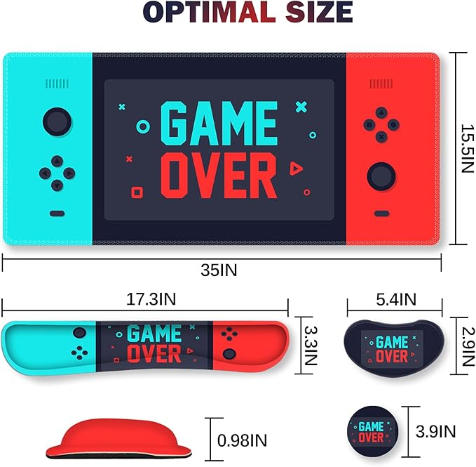 ARTSO Large Gaming Mouse Pad, Keyboard Wrist Rest Pad & Wrist Support Mousepad Set, Stitched Edge, Extended, Non-Slip Base, Memory Foam Desk Mat, Green Red Game Console