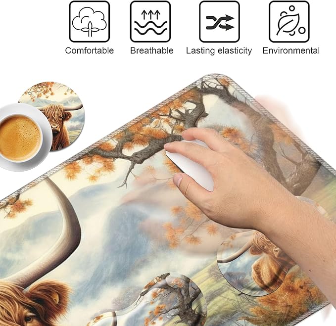 Keyboard Mouse Pad Set,Large Mouse Pad+Keyboard Wrist Rest+Wrist Support+Coaster,31.5x11.8in Extended Desk Mat for Computer Laptop Office Home-Highland Cow