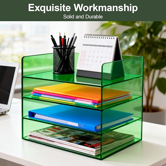 Acrylic File Organizer for Desk 4 Tiered Stackable Letter Tray Office Paper Storage Desktop Document Sorter, Emerald Green