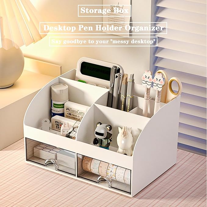 Desk Organizer with 6 Compartments and 2 Drawers, Plastic Makeup Organizer, Pen Holder for Desktop Storage, Desk Organization for School, Home, Office Supplies (White-2Pack)