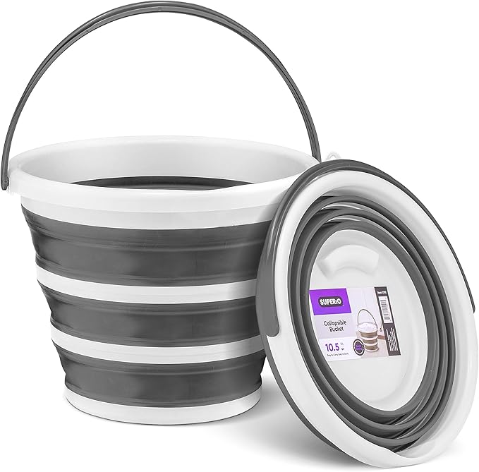 Superio Collapsible Bucket 2 Gallon Bucket with Handle Grey Car Wash Bucket Small Foldable Silicone Pail for Camping, Fishing, Cleaning, Mopping, 10 Liter, 4