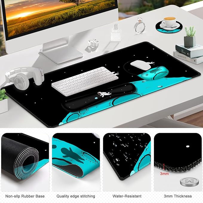 Gaming Mouse Pad, Large Desk Mat, Cute Desk Pad Protector, 4in1 XXL Mousepad + Keyboard Wrist Rest+Mouse Wrist Rest+Coaster Set with Ergonomic Desk Pad for Home Office PC Computer, Cool Space Alien
