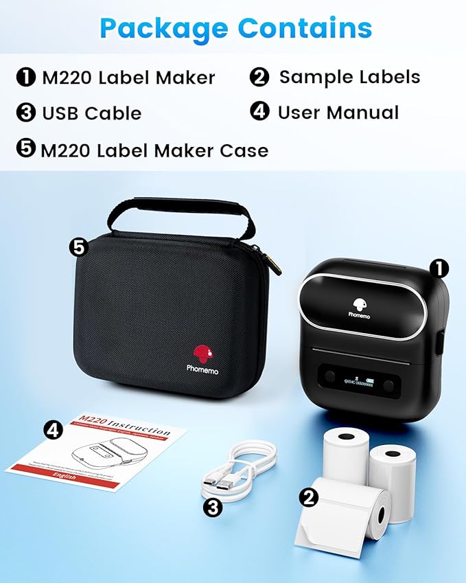 Phomemo Label Maker, M220 Thermal Label Printer, 80mm Portable Bluetooth Barcode Printer Compatible with Andriod/iOS for Home, Office, Small Business, with 3 Packs Label & Case