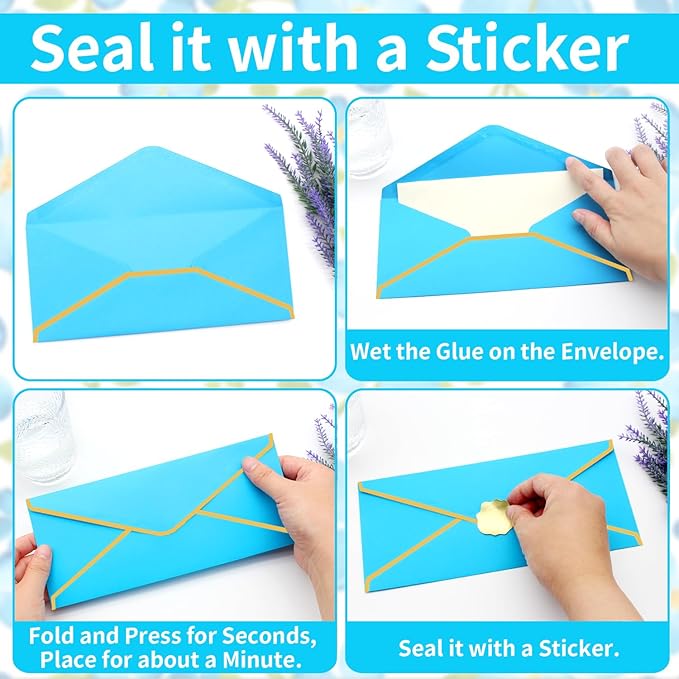 Business Envelopes with Gold Border 30 Pack #10 Envelopes Made of 150gsm Paper, Standard Envelopes with Gold Stickers for Office, Checks, Letter Mailing,9.45 x 4.13 Inches(Lake blue)