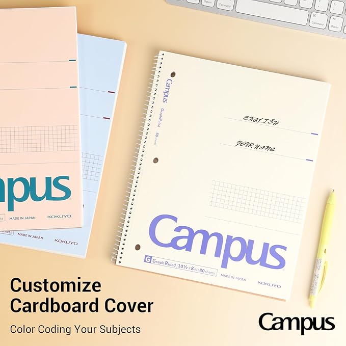 KOKUYO Spiral Notebook with 5x5 Graph Paper, 3 Pack Campus 10-1/2" x 8" Subject Notebooks, 80 Sheets, Light Pink Blue Off-White 3 Holes School Spiral Journal for Study Planner Drawing (WSG-SU-400G4×3)