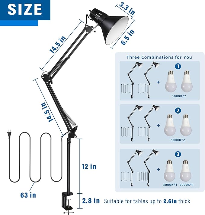 2 Pack Desk Lamp w/A19 E26 LED Bulb for Home Office Eye-Caring Metal Extra Tall Swing Arm High Intensity Clamp Flexible Gooseneck Side Table Working Reading Computer Workbench 3000K+ 5000K Light
