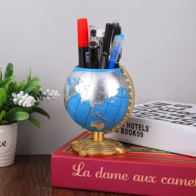 Globe Pen Holder Desk Decor Organizer Cute Cool Fun Vintage Pencil Cups Gifts for Teacher Kids Men Desk Accessories for Office Home School (Blue)