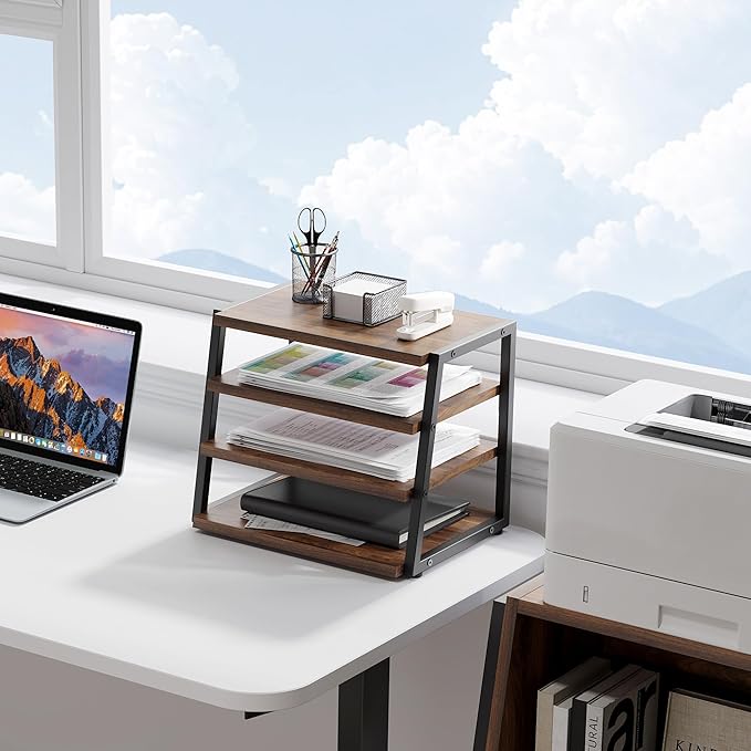 Fenge Desk Shelf Organizer, 4 Tier Desktop Shelf, Wood and Metal Office Shelves, Corner File Organizer for Office Supplies, Top of Desk Organizers and Accessories