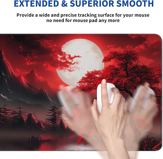 Darkness Red Moon Mouse Pad Abstract Red Mouse Pad 31.5x11.8 Inch Texture Non-Slip Rubber Base Large Mousepad Stitched Edges Keyboard Mouse Mat Desk Pad for Office and Home (Darkness 3)
