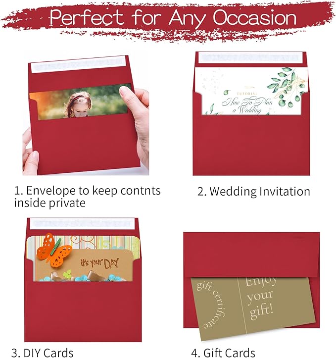 50 Pack Red Self Seal Envelopes - 5x7, A7 Sizes - Printable for Wedding, Baby Shower Invitations