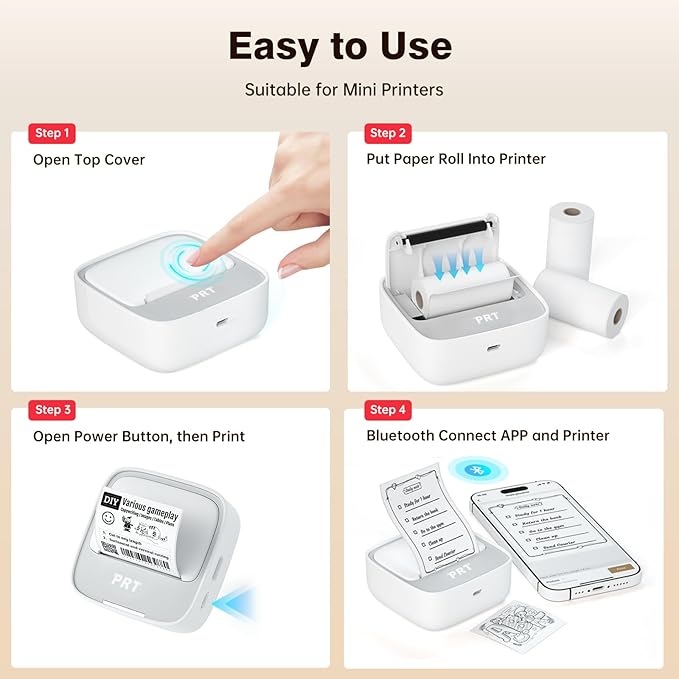 PRT Sticker Printer, Mini Thermal Printer Bluetooth Portable Sticker Maker with 1 Roll Paper, Print Pod, for Study Notes, Pictures, Labels, DIY, Multiple Templates for Phones & Tablets