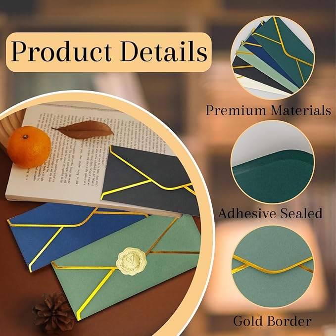 30 Pack #10 Business Envelopes with Gold Border and Stickers, 9.49x4.13 Inch Self Seal Standard Envelopes for Office, Letters, Checks, Invoices, Documents (Navy Blue)