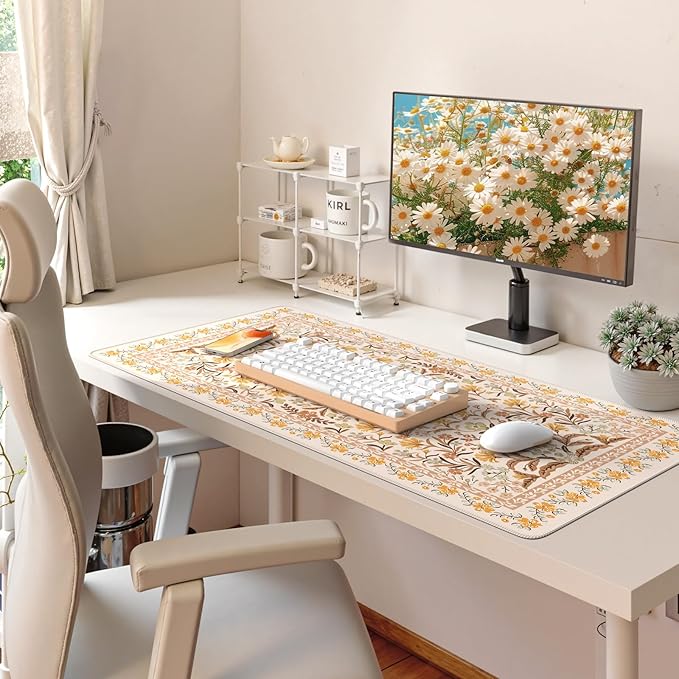 HAOCOO Large Mouse Pad for Desk, Keyboard Mat with Stitched Edge, Floral Desk Mat, Cute Desk Pad Large, Non-Slip Computer Desk Mat for Women Office (Brown)