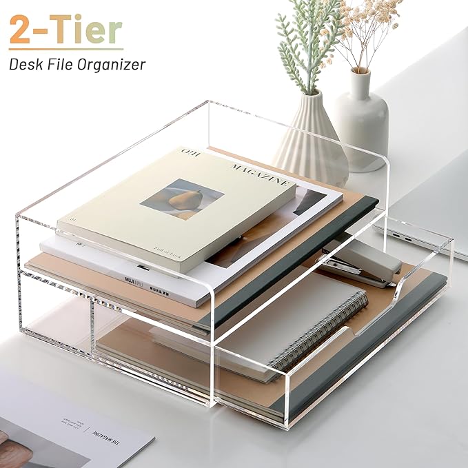 SANRUI 2-Tier Paper Letter Tray Organizer with Sliding Drawer,Stackable Desk Organizer,Acrylic Paper Tray for Office,Home or School,Clear
