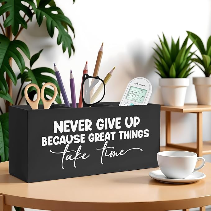 Inspirational Quotes Pencil Pen Holder for Desk, Never Give Up Because Great Things Take Time Wooden Pencil Holder Organizer for Home Office Desk Accessories, Gifts for Coworker