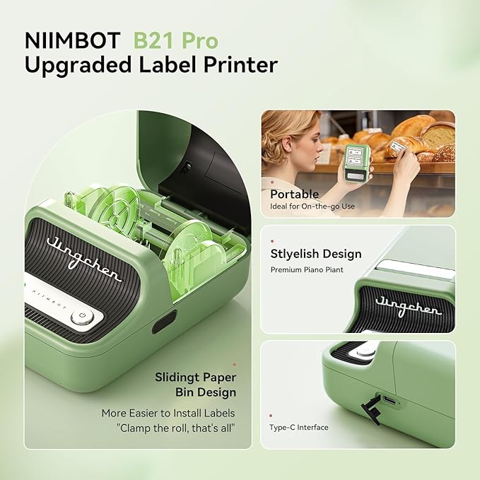 NIIMBOT B21 Pro Sticker Printer, 300DPI, Fun APP, Portable Inkless Label Printer, Bluetooth Sticker Maker for DIY Crafts, Notes, Scrapbook, Photo, Custom Labels & Gifts,Home Organization (Green)