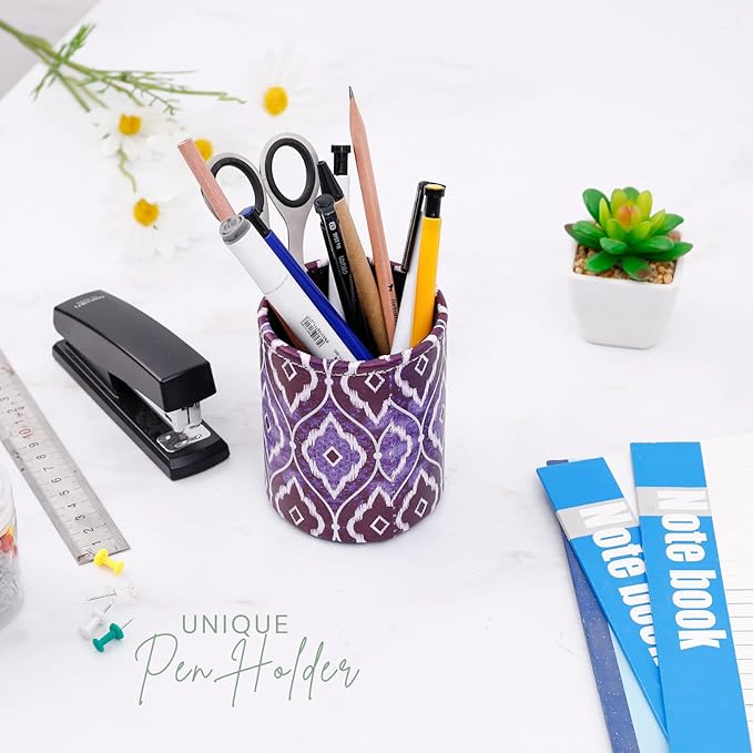 Desk Organizers, PU Leather Makeup Brush Holder for Cosmetics Office Supplies, Blue Ikat PH87