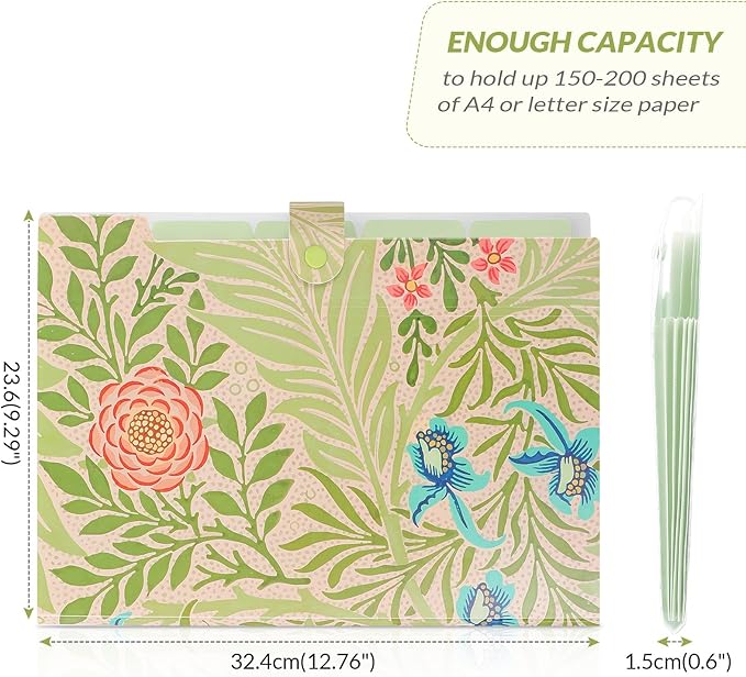 SKYDUE Expanding File Folder with 5 Pockets, Accordion File Organizer,Portable Receipt Paper Documents Organizer,Letter Size Filing Folder School Office Supplies,Green