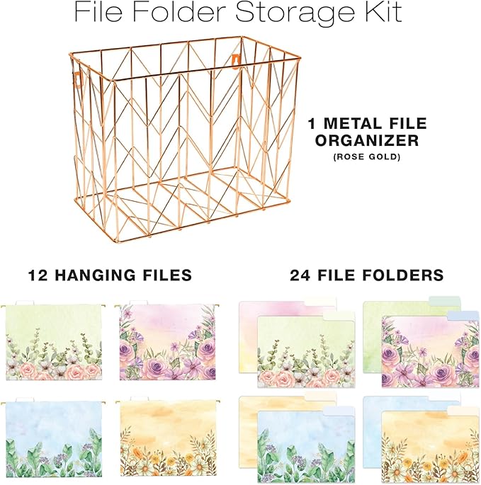 Global Printed Products Deluxe Designer Hanging File Folder Kit, Includes Metal Hanging Basket, 12 Hanging Folders, 24 File Folders, 1/3 Cut Tab, Assorted Positions, Letter Size (Watercolor Floral)