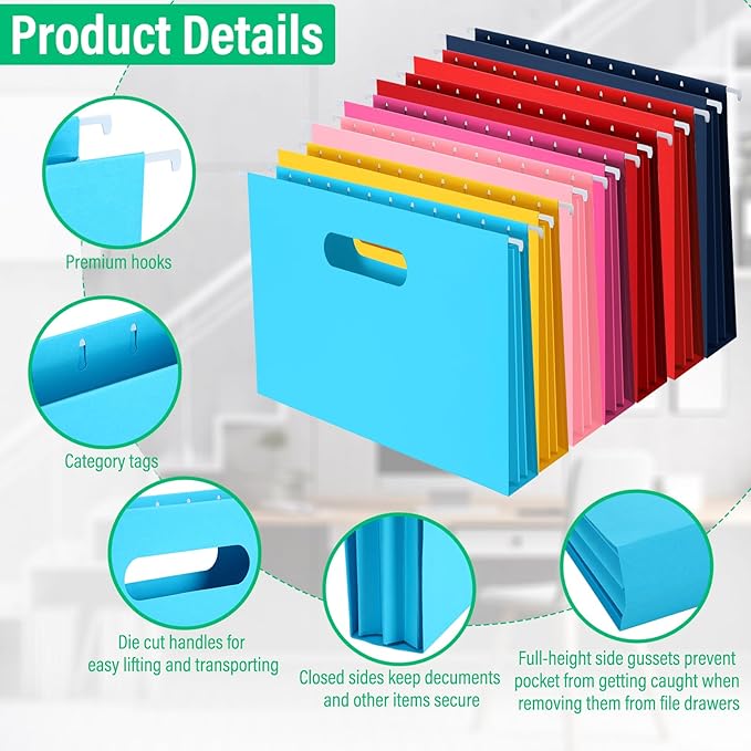 Estune 48 Pack Extra Capacity Hanging File Folders Letter Size, Reinforced Hang File Folders with Heavy Duty 2 Inch Expansion, Durable Hanging Organizer Designed for Bulky Files, Assorted Colors