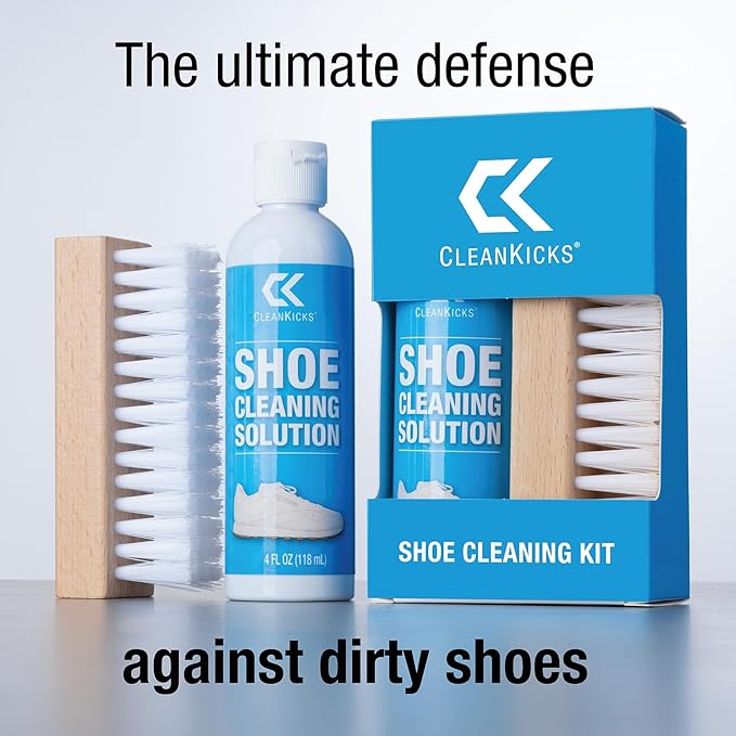 CleanKicks Shoe Cleaning Kit - Footwear Cleaner for Sneakers, Boots, Cleats, and Many Other Shoe Types - (4 Ounce Bottle and Brush). Packaging May Vary Between Green and Blue.