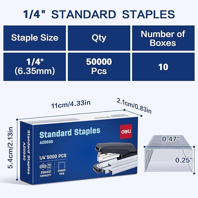 Deli Staples, 50000 Staples, Standard Staples for Desktop Staplers, 1/4'' Length, 210/Strip, 10 Boxes of 5000 Each