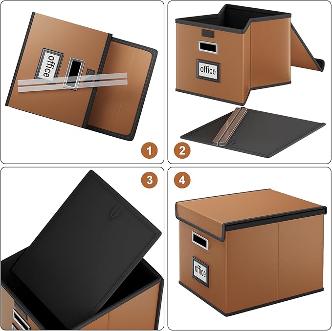 Huolewa Faux Leather File Organizer Box with Lid, Collapsible Hanging File Folder Box Organizer with Plastic Slides, Decorative Home/Office Filing System Boxes for File and Folder Storage