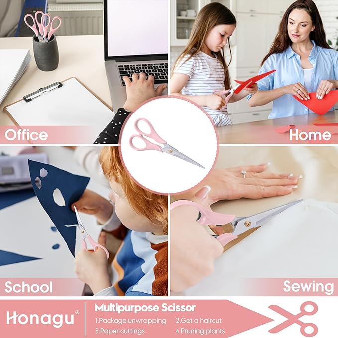 Honagu Professional Scissors - Stainless Steel Precision Blades, Non-Slip Ergonomic Handles for Crafting, Office, Fabric & DIY Projects (Pink)