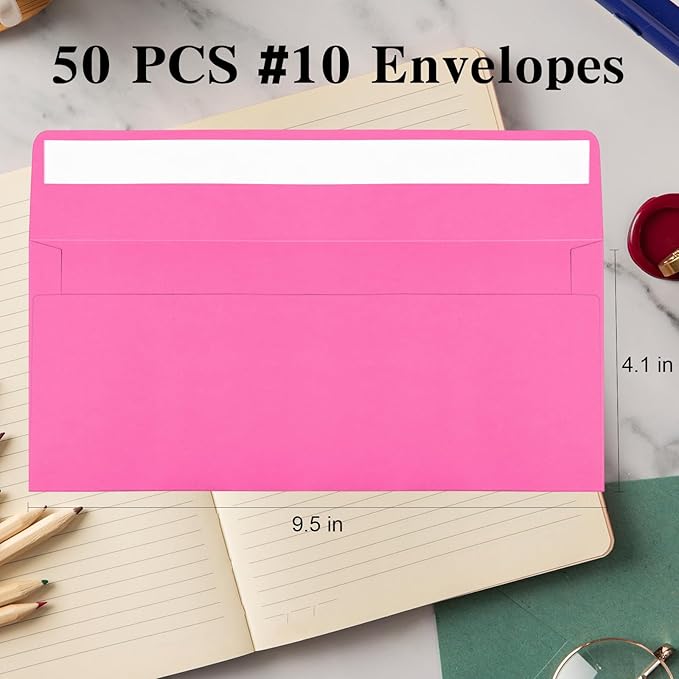 50 Pack Rose #10 Business Envelopes, Standard Envelopes Self Seal, 4 1/8 x 9 1/2 Inch Letter Size Business Mailing Envelopes for Checks Invoices Statements Baby Shower Wedding Birthday