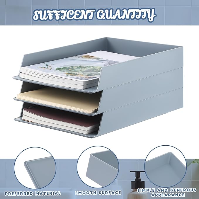 Wenqik 6 Pcs Stackable Paper Trays Rectangular Plastic Desk Holder Desktop Document File Organizer Storage Letter for Office Classroom (Gray)