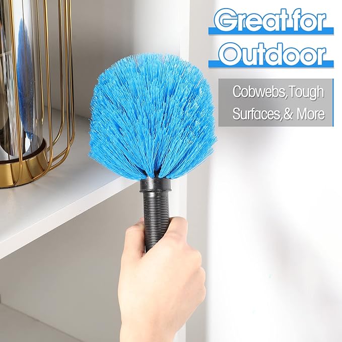 9 Pieces Twist on Cobweb Duster Bulk for Cleaning Company Cleaning Spider Web Remover Brush Cobweb Duster Head Attachment Fits Standard Threaded Poles, No Pole, Medium Stiff Bristles, Blue