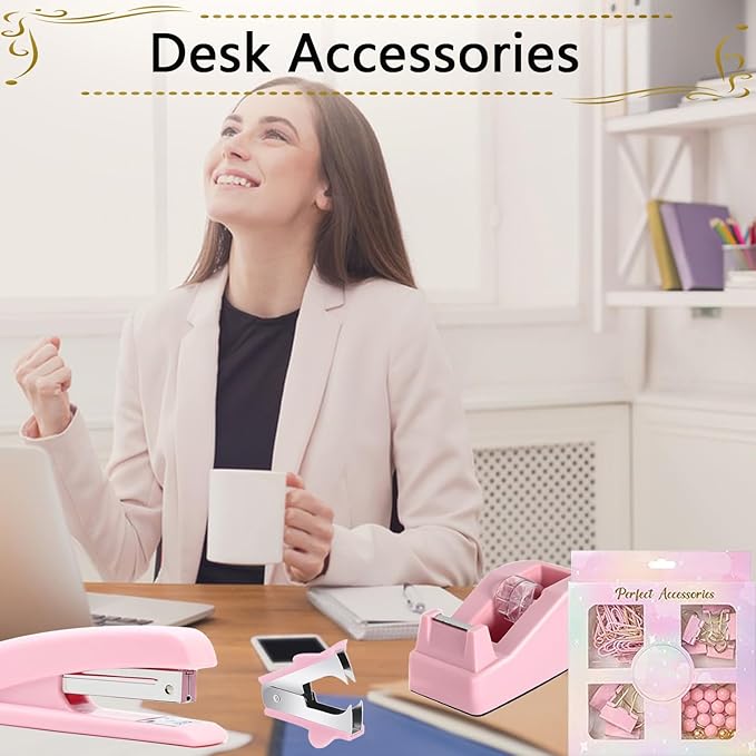 Office Supplies Set,Desk Accessories,Stapler and Tape Dispenser Set,1000 Staples,Staple Remover,Hinder Clips,Ruler,Scissor,Clear Tape,Ballpoint Pen,Sticky Notes,Gifts for Colleagues(Pink)