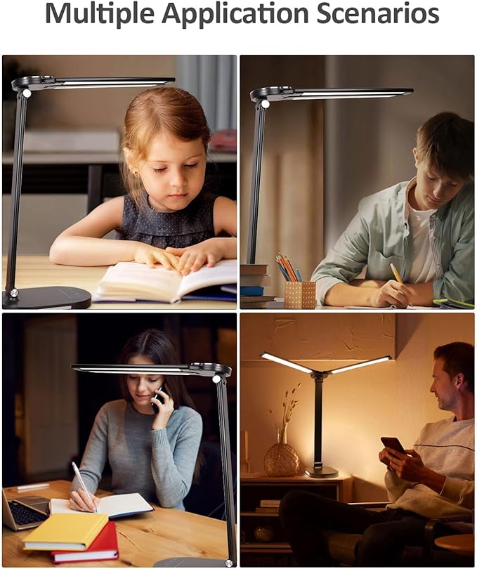 LED Desk Lamps for Home Office, 14W Bright Double Swing Arm LED Desk Lamp with USB Charging Port, Eye-Caring Task Lamp, Desktop Lamp with Night Light Table Read Light for Bedroom Work Study Craft