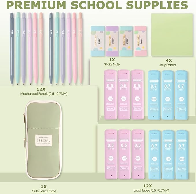 Mechanical Pencil Set with Cute Pencil Case, 12x Pastel Mechanical Pencils 0.5 & 0.7mm with 720x HB Leads, 4x Erasers and 1x Sticky Note, Suitable for Writing, Drafting Drawing Sketching(green)