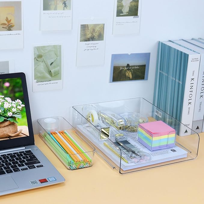 Buqoo Gold Acrylic Sticky Note Holder with 5 Pack Sticky Notes, Stapler and Tape Dispenser Cutter with Staple Remover, Scissor, Ballpoint Pen, Sticky Notes, Paper Clips, File Tray