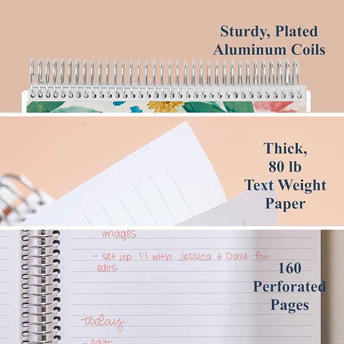 Erin Condren 8.5" X 11" Spiral Bound Productivity Notebook, Watercolor Blooms, Functional 160 Lined Page and 80Lb Thick Paper Spiral Notebook, Stickers Included