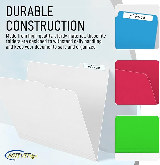 White File Folders, 1/3-Cut Tabs, Letter Size, 12-Pack – Durable Office Filing Folders for Documents, Papers, and Organization