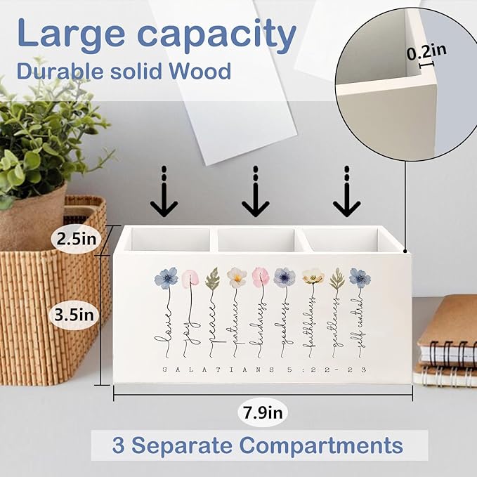 SNNDER Christian Pen Holder for Desk, Religious Christian Gifts for Women, Floral Boho Christian Bible Verses Wooden Pen Pencil Holder Organizer for Home Office Desk Accessories