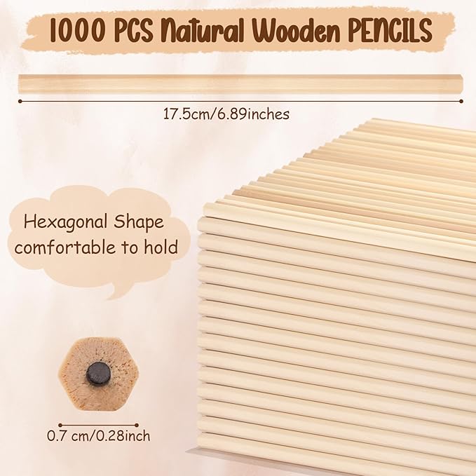 Fumete 1000 Pieces Wooden Pencils Bulk No Eraser Hexagonal HB Graphite Unsharpened Natural Wood Pencils Without Erasers Christmas Classroom Gifts for Students Bulk Christmas Goodie Bag Stuffers