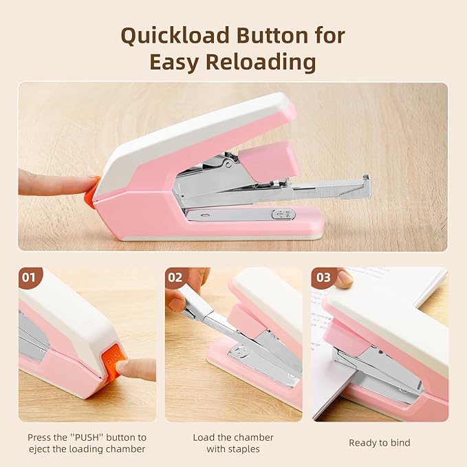 Deli Stapler, Effortless Staplers for Desk, 40-50 Sheet Capacity Heavy Duty, One Touch, No Effort, Easy to Load, with 1500 Staples & Staple Remover, 3 Pack, 3 Colors