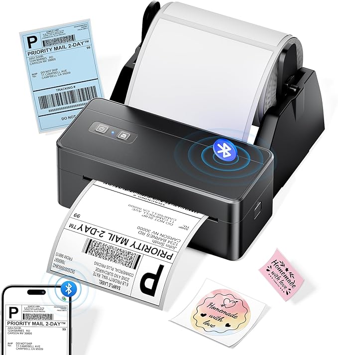 Bluetooth Thermal Label Printer with Label Holder, 4x6 Shipping Label Printer for Small Business, Compatible with iOS Android Phone&Pad&PC, Widely Used for Ebay, USPS, FedEx, Tiktok