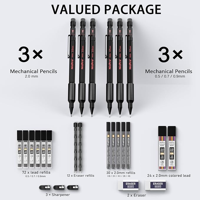 Nicpro Metal Mechanical Pencil Set, 3PCS Art Drafting Pencil 0.5, 0.7, 0.9MM & 2PCS 2MM Mechanical Drawing Pencils with 126 Lead(4B 2B HB 2H 4H Color) Weatherproof Barrel for Writing Sketching Drawing