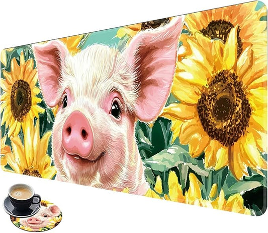 Desk Mat Large Gaming Mouse Pad (31.5x11.8 inch) with Stitched Edges, XL Mouse Pad +Coaster, Extended Mouse Mat Keybroad Mousepad Non-Slip Rubber for Gamer Men Women, Pig Sunflowers