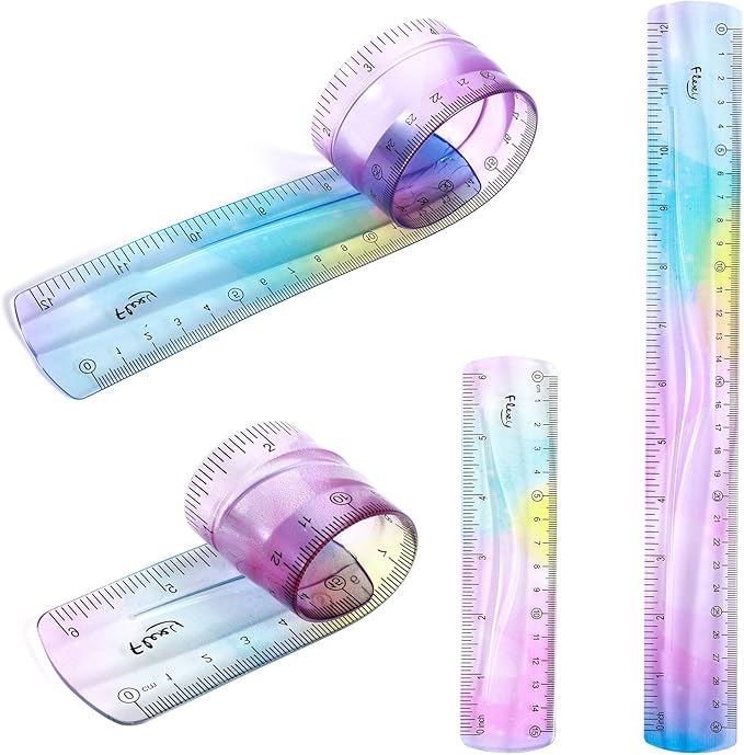 4 PCS Flexible Bendable Ruler Soft Plastic Gradient Colour Ruler with Centimeters and Inches Unbreakable for Classroom Homes Office Supplies,30cm 15cm Set